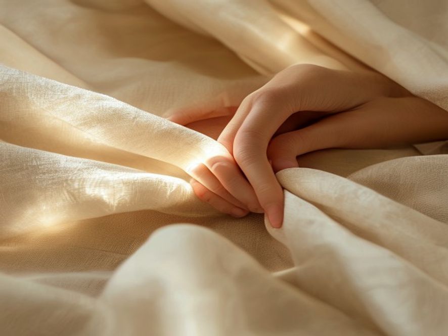 Hands folding soft linen — a tactile, faceless close-up built for synced sound.